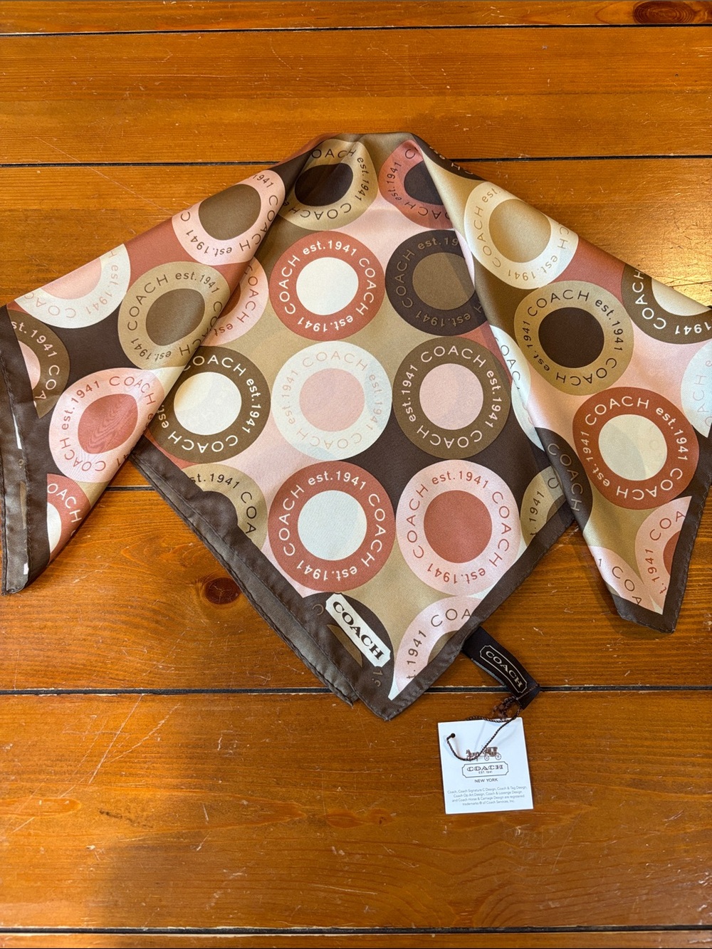NWT Coach Silk Logo Dot Scarf in Pink, Brown & Cream